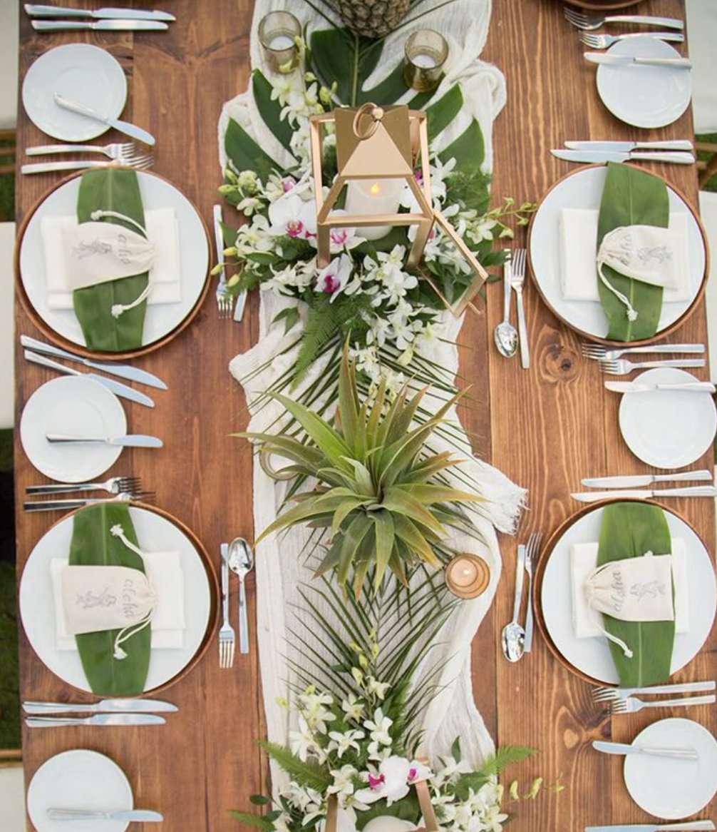 Tropical table setting overhead